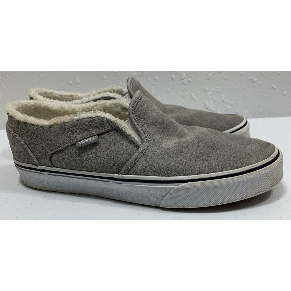 Vans Asher Slip On Shoes Womens 9 Grey Suede Sherpa Drizzi Sneakers